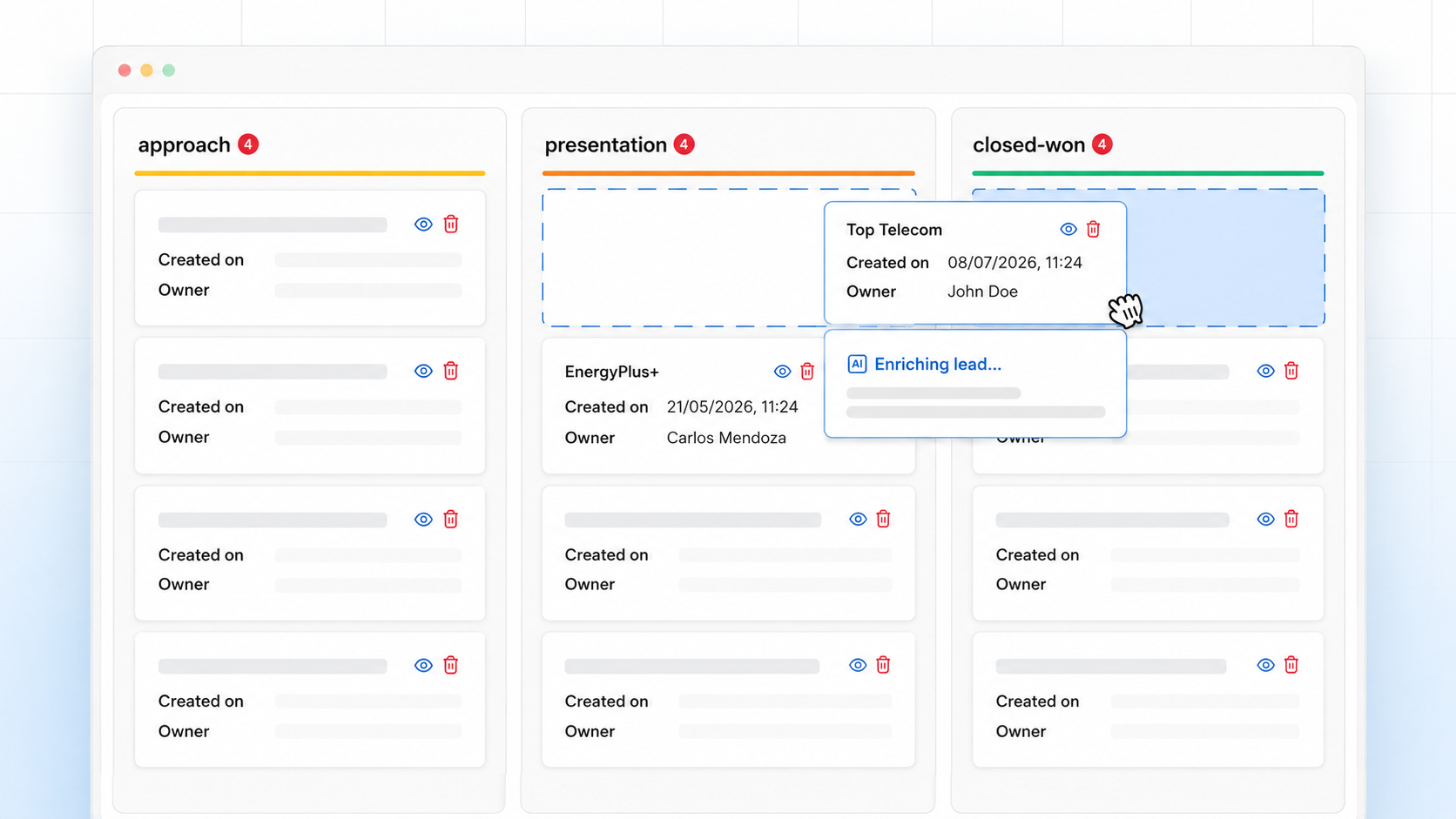 CRM pipeline showing opportunities moving from approach and presentation to closed-won